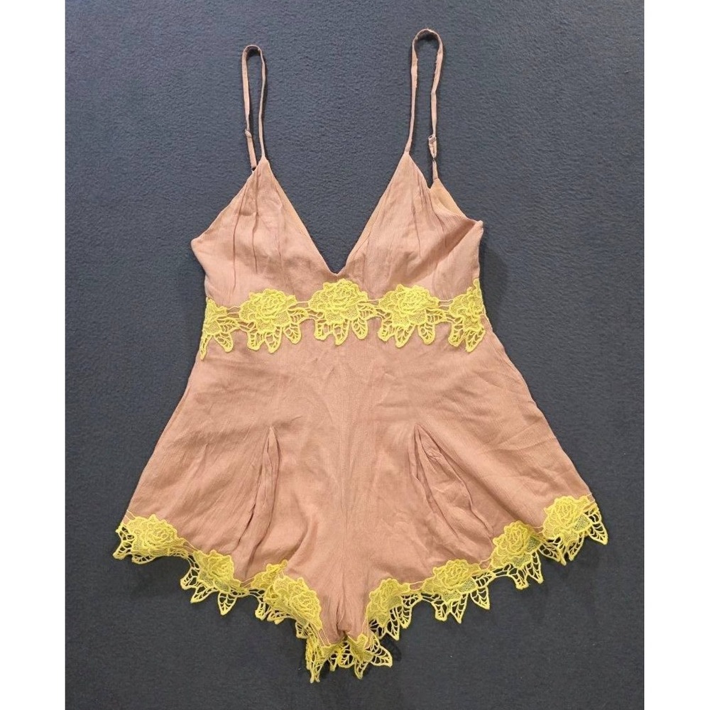 NBD Romper Women Bust 34" Tan Floral Embroidered babydoll Y2K Boho M A011460